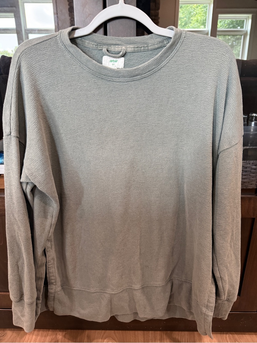 aerie Sage Green Waffle-Knit Crewneck Pullover